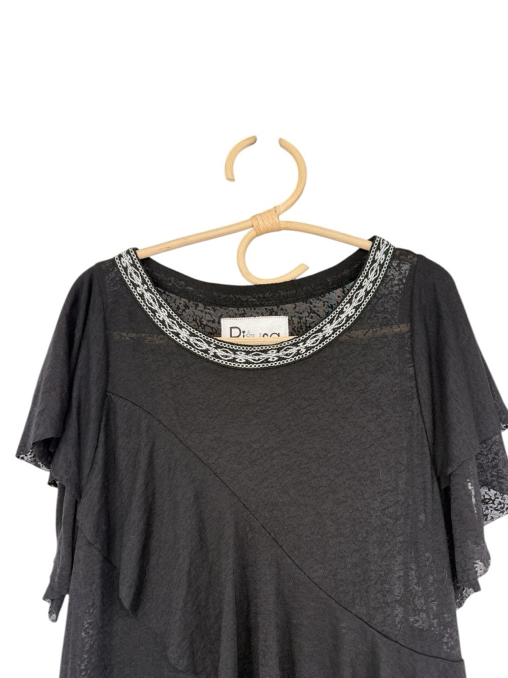 Pitusa Black Ruffle Dress Embroidered Neck Boho Tiered Sheer Peru Size S/M - Picture 7 of 16